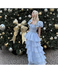 Aimishng Cute Blue Tulle Tiered Hepburn Princess Prom Dress Evening Dress Ball Gown