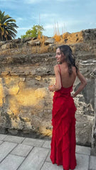 Red Spaghetti Straps Ruffle Mermaid Long Party Dress Wedding Guest Dress Evening Dress Formal Dress