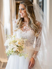 Floral Lace Illusion Long Sleeves Tulle Bridal Dress A Line Wedding Dress Elegant Wholesale