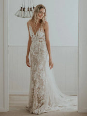 Long Sheath Wedding dresses Lace V-neck Bridal Gowns Floor Length Sexy Elegant