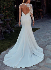 Long Sleeves Court Train Elegant Satin Wedding Dresses With Appliques Lace Floor Length Elegant