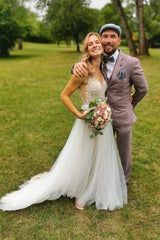 White V Neck Beading Tulle A-Line Elegant Wedding Dress Charming Wholesale