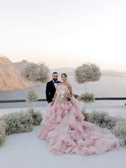Layers Tulle Ball Gown Wedding Dress Drama Pink Wedding Dress Off Shoulder Without Wedding Veil