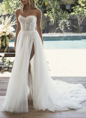 Sweetheart Tulle Wedding Dress With Split Front Off Shoulder Floor Length With Sleeves