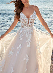 A-Line V-Neck Sweep Train Tulle Bridal Gown Floor Length Wedding Dress with Appliques