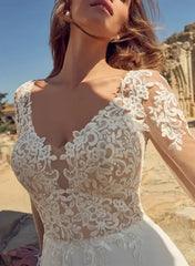 Elegant A-Line V-Neck Wedding Dresses With Long Sleeves And Split Front Floor Length