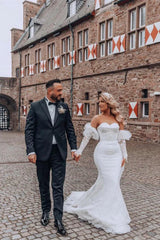 Bubble Sleeve Sweetheart Mermaid Wedding Dress With Lace Off Shoulder Floor Length