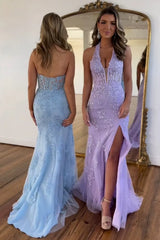Wholesale Light Blue Prom Dress Mermaid Deep V-Neck Long Lace With Split Charming Lilac Evening Dress