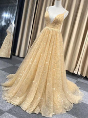 Sparkly Spaghetti Straps Sweep Train Lace A-line Long Prom Dresses V-neck Sexy Evening Dress Wholesale