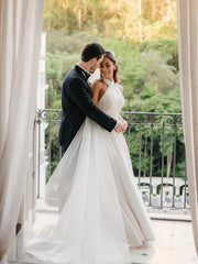 Halter Neck A Line Wedding Gown Criss Straps Simple Satin Wedding Dress Elegant Wholesale