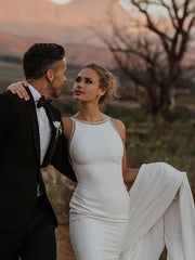 Elegant Mermaid Back-V Sleeveless Chapel Train Satin Appliqued Wedding Dresses Charming