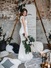 Fabulous Mermaid Lace Backless Sweep Train Wedding Dresses With Cap Sleeves Gown Elegant