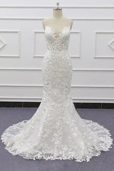 White Tulle Wedding Dress Lace Appliques Spaghetti Straps Mermaid Bridal Dress Open Back