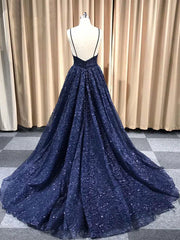 Sparkly Spaghetti Straps Sweep Train Lace A-line Long Prom Dresses V-neck Sexy Evening Dress Wholesale