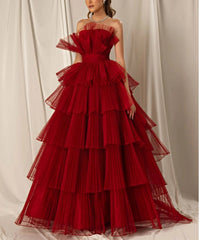 Burgundy Strapless Mermaid Sleeveless Layers Evening Dress Off Shoulder Prom Dress Wholesale