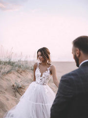 Unique Appliqued A-line Tulle Wedding Dresses With Chapel Train Floor Length Beautiful
