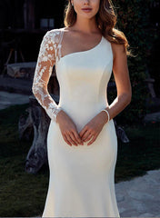 Long Sleeves Court Train Elegant Satin Wedding Dresses With Appliques Lace Floor Length Elegant
