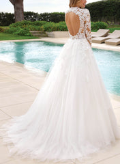 High Neck Lace Long Sleeves Ball-Gown Wedding Dresses A Line with Appliques