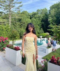Strapless Yellow Lace Long Prom Dress With Slit Mermaid Party Dresses 2449