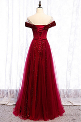 Off The Shoulder Burgundy Formal Long Prom Dress A Line Velvet Evening Dress 2439