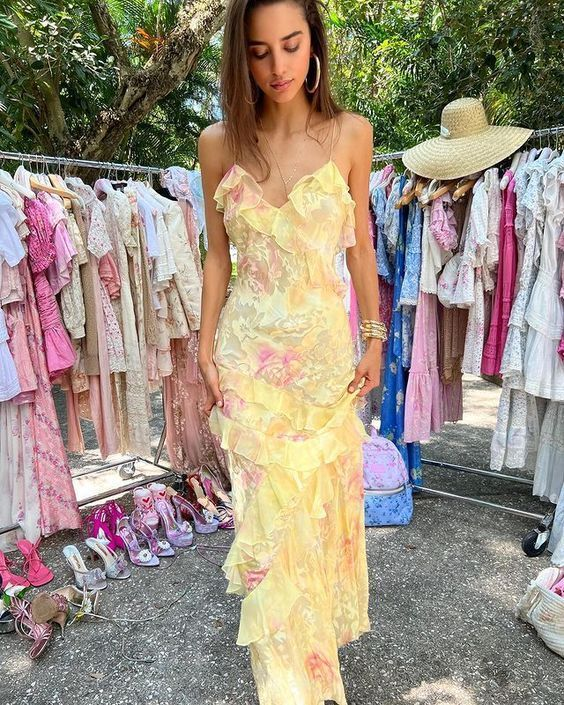 Spaghetti Straps Yellow Sheath Long Prom Dress Ruffled Lace Dress 2462