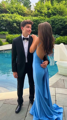 Spaghetti Straps Blue Mermaid Long Prom Dress Satin Party Dress 2461