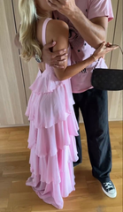 Pink A Line Tiered Long Prom Dress Backless Formal Party Dress 2425