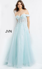 Corset-Bodice Long Off-the-Shoulder Prom Ball Gown