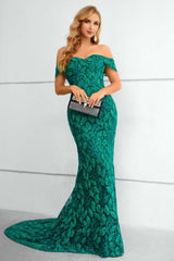Green Lace Off-the-Shoulder Mermaid Long Formal Gown