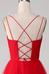 Spaghetti Straps A-Line Red Long Prom Dress wth Cross Criss Back