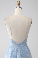 A-Line Spaghetti Straps Grey Blue Prom Dress with Beading