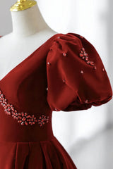Wholesale Burgundy A Line Puff Sleeves Velvet Long Prom Dress Evening Dress Elegant