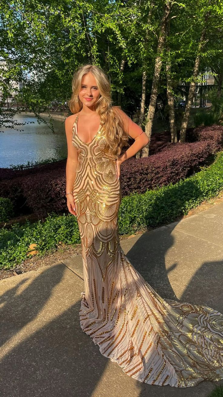 Unique Gold Mermaid Long Prom Dress Evening Dress SH1021
