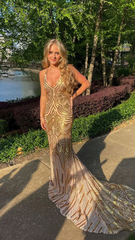 Unique Gold Mermaid Long Prom Dress Evening Dress SH1021