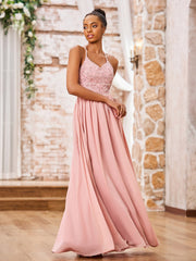 Spaghetti Straps Lace Top Long Chiffon Dresses Dusty Rose