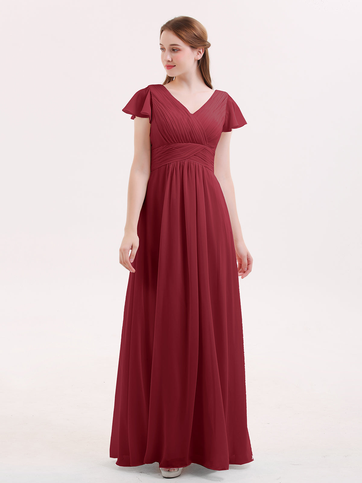 Cap Sleeves Chiffon Long Bridesmaid Dress Burgundy