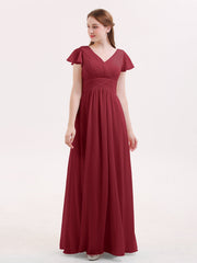 Cap Sleeves Chiffon Long Bridesmaid Dress Burgundy