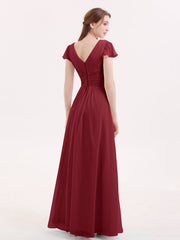 Cap Sleeves Chiffon Long Bridesmaid Dress Burgundy