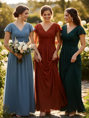 Cap Sleeves Chiffon Long Bridesmaid Dress Burgundy
