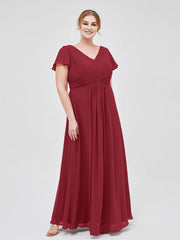 Cap Sleeves Chiffon Long Bridesmaid Dress Burgundy