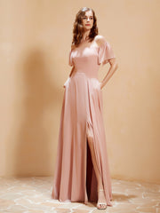 Off The Shoulder Chiffon Dress With Pocket Dusty Rose
