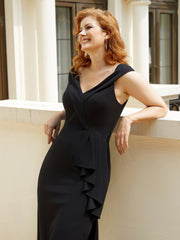V-neck Cap Sleeve Cloumn Dress With Slit-Black