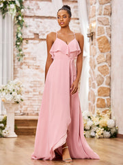 Spaghetti Strap Short Front Long Back Chiffon Dresses Dusty Rose