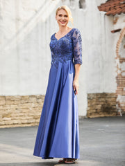 V-Neck Lace Top A-line Satin Dress Navy Blue
