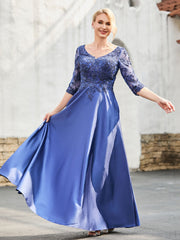 V-Neck Lace Top A-line Satin Dress Navy Blue