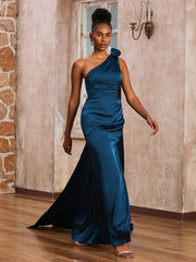 One Shoulder Floor-length Dress With Ribbons Ink Blue