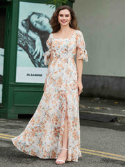 Square Neckline Ruched Chiffon Floor-length Dress Sunset Floral