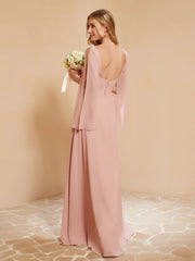 Square Neckline Ruched Chiffon Floor-length Dress Dusty Rose