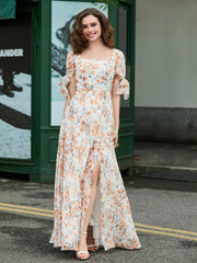 Square Neckline Ruched Chiffon Floor-length Dress Sunset Floral