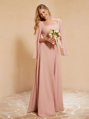 Square Neckline Ruched Chiffon Floor-length Dress Dusty Rose
